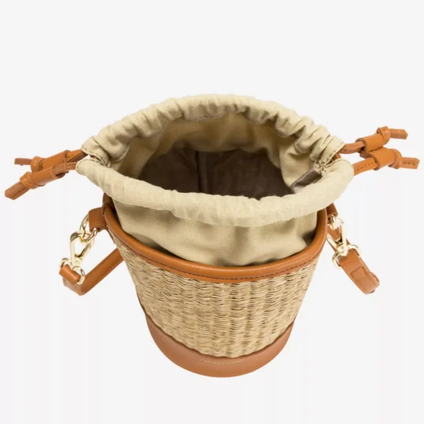 SOLEIL RATTAN DRAWSTRING BUCKET BAG TAN - Image 3