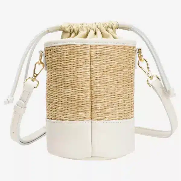 SOLEIL SATTAN DRAWSTRING BUCKET BAG WHITE - Image 4