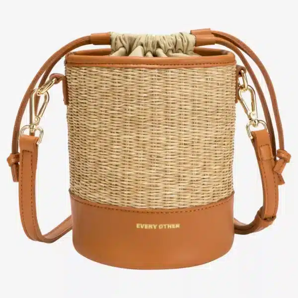 SOLEIL RATTAN DRAWSTRING BUCKET BAG TAN