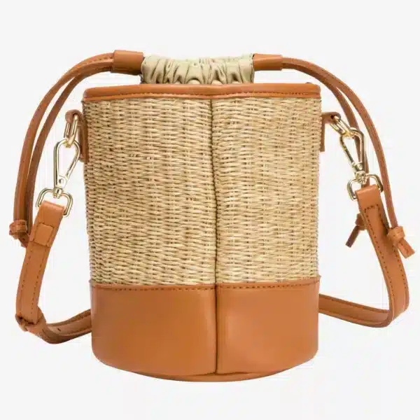 SOLEIL RATTAN DRAWSTRING BUCKET BAG TAN - Image 4